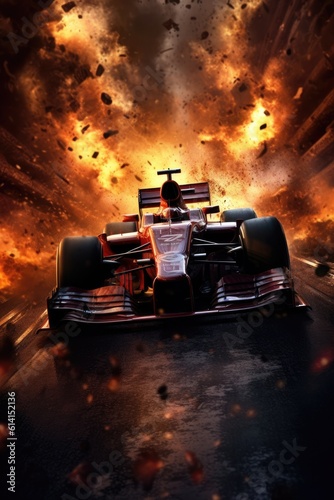 Formula 1 Cars. Running from flames, hell,  Illustration, Generative AI