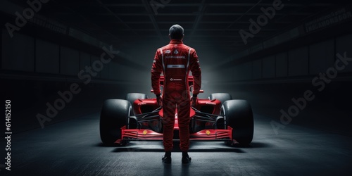Formula 1 Pilot Standing in front of his race car, Illustration, Generative AI