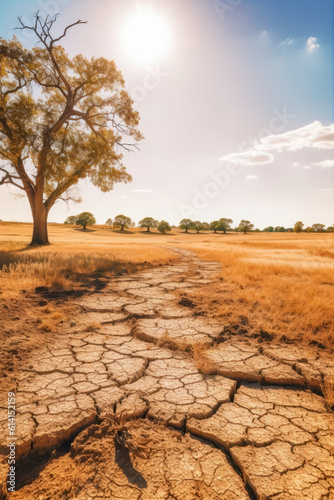 Dry grassy meadow with parched earth, climate change, global warning