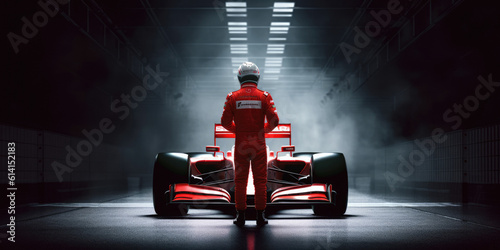 Formula 1 Pilot Standing in front of his race car, Illustration, Generative AI