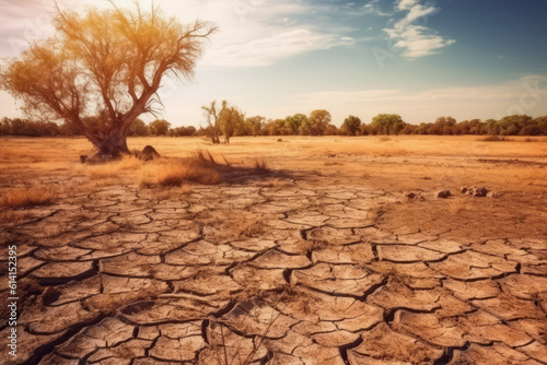 Dry grassy meadow with parched earth  climate change  global warning