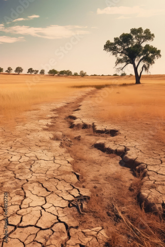 Dry grassy meadow with parched earth, climate change, global warning