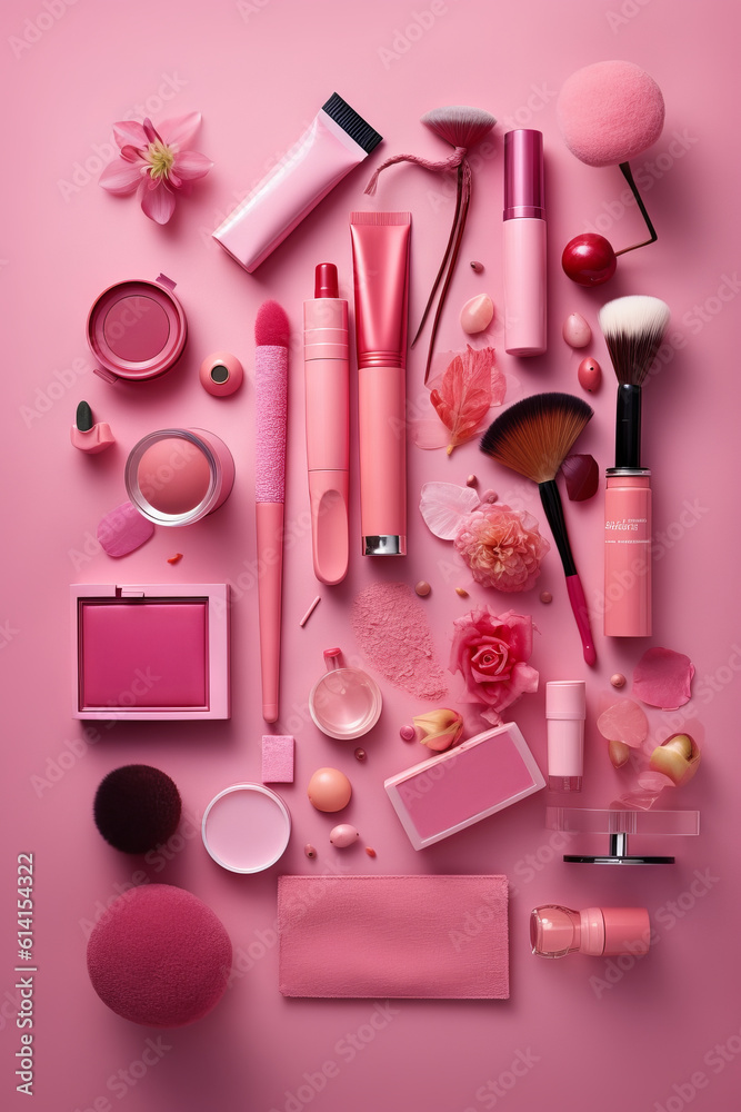 Set of pink composition of cosmetics and makeup stuff Set of pink composition of cosmetics and makeup stuff