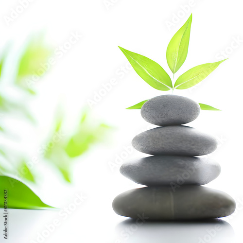 Young plant coming from a stack of zen stones, white background