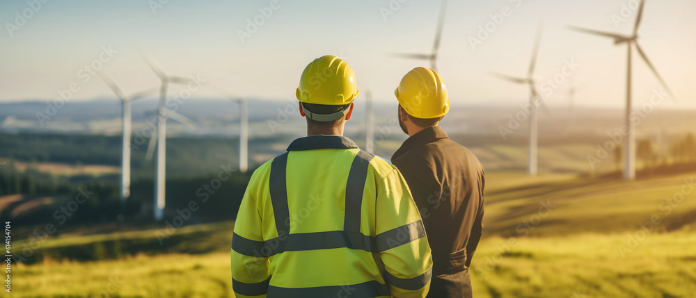 Renewable Energy Concepts. Wind Power Energy Engineer Team Working in Mountain Valley. Carbon Neutral and Emission ,ESG for Clean Energy. Sustainable Electical, Environmental Care. AI generative Renewable Energy Concepts. Wind Power Energy Engineer Team Working in Mountain Valley. Carbon Neutral and Emission ,ESG for Clean Energy. Sustainable Electical, Environmental Care. AI generative