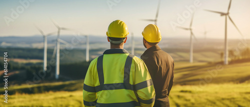 Renewable Energy Concepts. Wind Power Energy Engineer Team Working in Mountain Valley. Carbon Neutral and Emission ,ESG for Clean Energy. Sustainable Electical, Environmental Care. AI generative