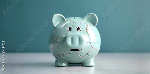 Financial and Economic Crisis Concept. Inflation, Recession, Inflation and Depression affect Savings Money. Crackked Ceramic Piggy Bank standing alone. Shocked Face. AI generative