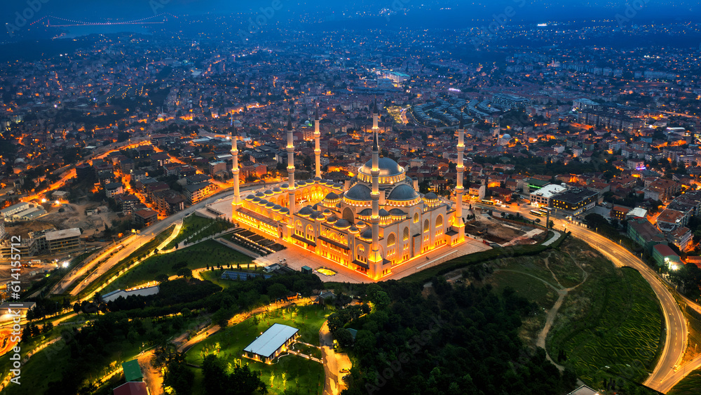 Aerial view of Camlica Mosque in Istanbul city, Turkey.