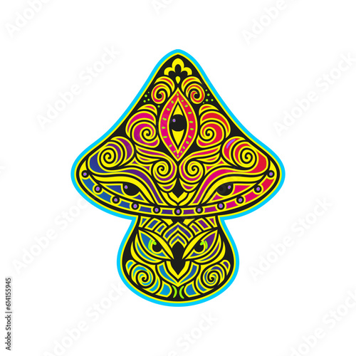 Magic Mushrooms. psychedelic Vector illustration. Zen art. Decorative neon mushrooms, hippie, hallucination psilocybin 60s 70s