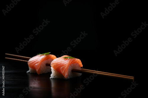 Fresh tasty sushi with salmon in wooden chopsticks on a dark background. Copy space. closeup food photography. Generative AI