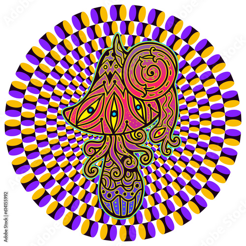 Psychedelic Magic Mushrooms Optical illusion. Vector illustration. Rounded color, Decorative mushrooms, hippie, hallucination, psilocybin 60s 70s neon