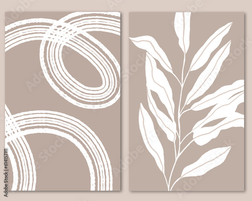 Art print floral art. Abstract wall decor. Boho shapes and leaves.