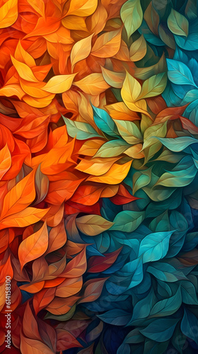 Colourful organic foliage wallpaper for mobile phone. Rainbow coloured leaves in vibrant colours. Generative ai.