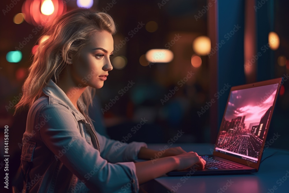 A close - up shot of a young woman working on a laptop, showcasing productivity and modern technology. Generative AI A close - up shot of a young woman working on a laptop, showcasing productivity and modern technology. Generative AI