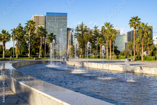 Fotografie Fountain on boulevard with palm trees and skyscrapers