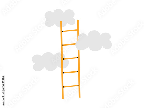 Hand drawn cute illustration of ladder rests on the clouds. Flat vector way to the sky in colored doodle style. Rise to new level, self-development sticker, icon or print. Isolated on white background