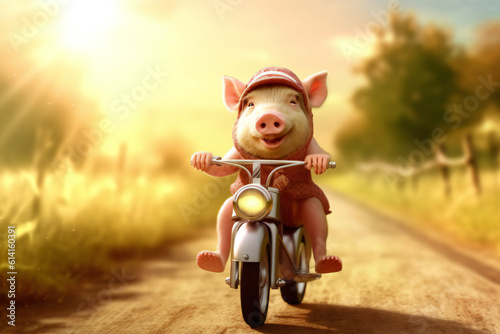 The autumn scene is beautiful with the golden colors of autumn. Pig with helmet on a motorcycle in a field of sunflowers