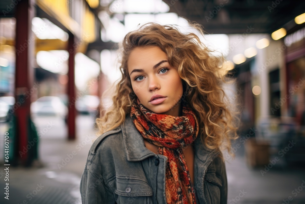 A portrait of a young woman in a trendy urban setting. Generative AI A portrait of a young woman in a trendy urban setting. Generative AI