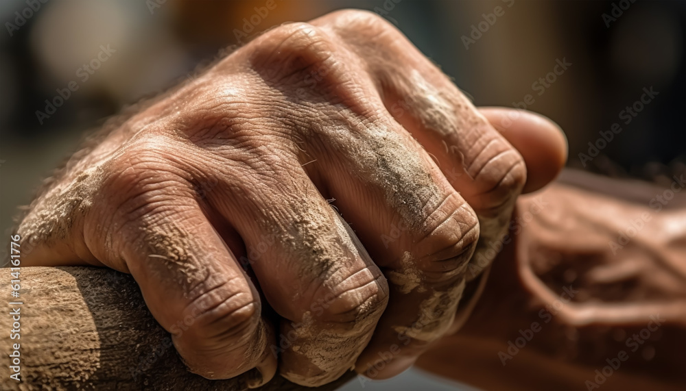Fototapeta premium Close-up of a man's hand holding an old hammer, Labor day concept, labor day image, Generative Ai