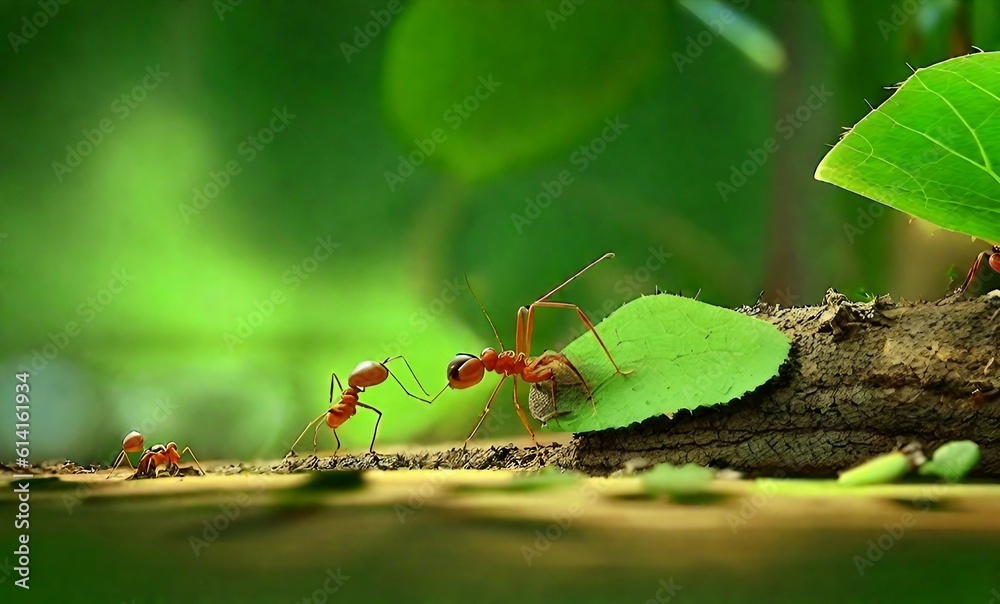 Ants carry the leaves back to build their nests, carrying leaves, close-up. sunlight background. Concept team work together. Generative AIi Ants carry the leaves back to build their nests, carrying leaves, close-up. sunlight background. Concept team work together. Generative AIi