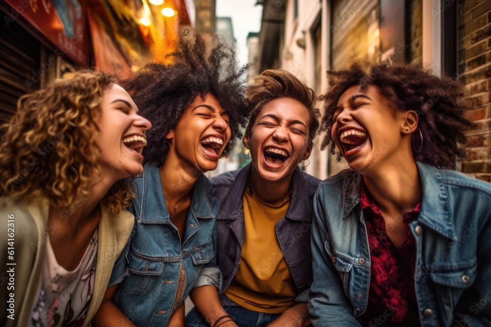 A group of diverse friends laughing and having fun in a vibrant urban setting. Generative AI A group of diverse friends laughing and having fun in a vibrant urban setting. Generative AI