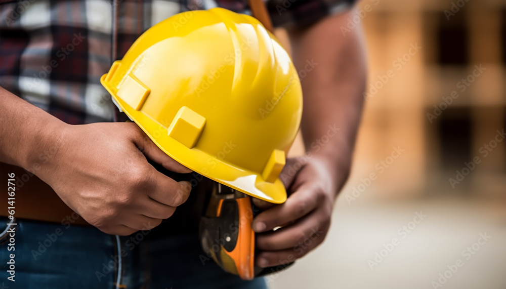 Close up of engineer hand holding yellow hard hat on construction site background, Generative ai Close up of engineer hand holding yellow hard hat on construction site background, Generative ai