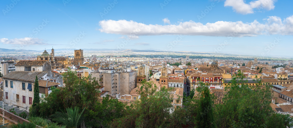 Panoramic aerial view of Granada Downtown with Cathedral - Granada, Andalusia, Spain