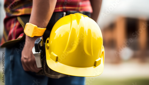 Close up of engineer hand holding yellow hard hat on construction site background, Generative ai
