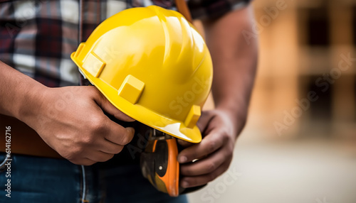 Close up of engineer hand holding yellow hard hat on construction site background, Generative ai