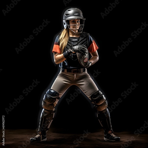 A fictional person. Alluring softball champion, captivating player stands as an alluring champion in a captivating setting