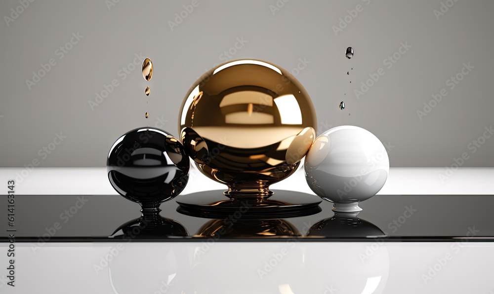 Abstract liquid wallpaper. Creative banner metallic spheres with drop water. For banner, postcard, book illustration.