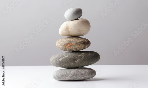 Stones balance. Pebbles pyramid on gray background. For banner, postcard, book illustration.