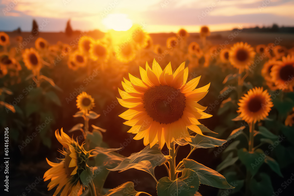 Fototapeta premium A beautiful field of blooming sunflowers against the sunset.