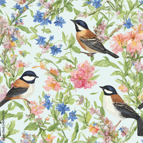 seamless floral watercolor pattern with garden pink flowers roses, leaves, birds, butterfly, branches. Botanic tile, background.