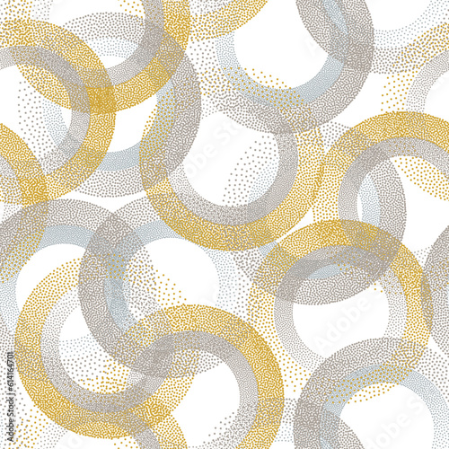 Circle ring shapes of dots contemporary vector seamless pattern.