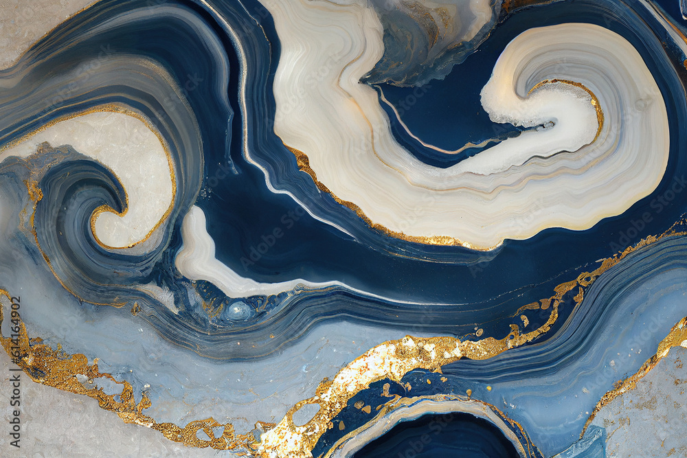 Abstract art background with a fluid marble blue and gold texture ...