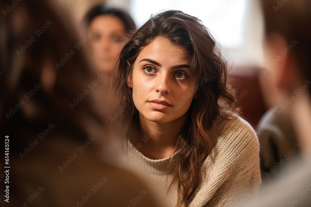 A close - up shot of a woman in a group therapy session sharing her psychological struggles. Generative AI A close - up shot of a woman in a group therapy session sharing her psychological struggles. Generative AI