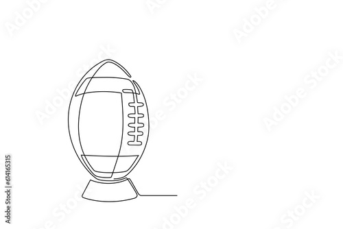 Single line drawing of american football ball on stand. One line drawing of Rugby ball. Game sports equipment in linear style. Sketch in linear style Editable stroke drawing vector illustration