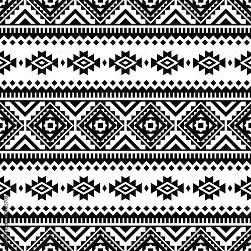 Tribal seamless vector texture. Ethnic style geometric abstract pattern. Black and white colors. Design for textile, template, fabric, weave, cover, carpet, decoration, tile.