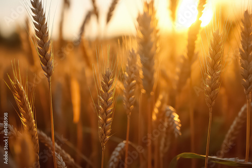 close up wheat field at sunset in sunlight