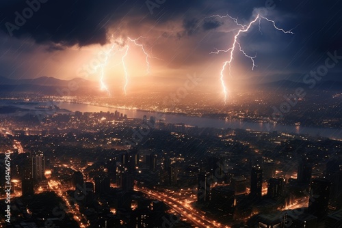 Large city in lightning storm.Generative AI