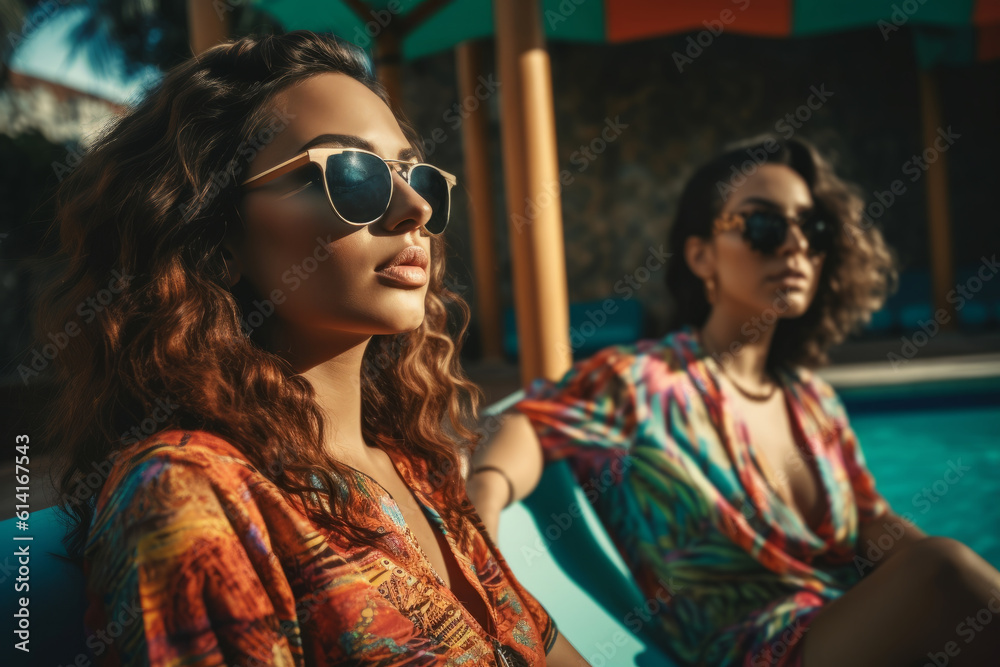 Latina and caucasian millennials wearing trendy and fashionable swimwear while lounging poolside. Showcase the different styles and colors of the swimwear. Generative Ai