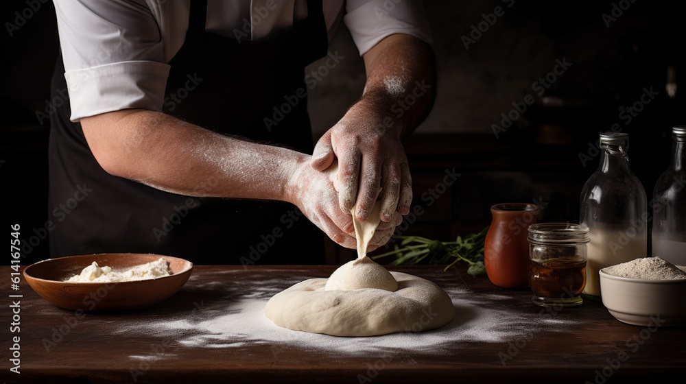 Rustic chef making pizza dough on dark background. Food preparation. Generative Ai Rustic chef making pizza dough on dark background. Food preparation. Generative Ai
