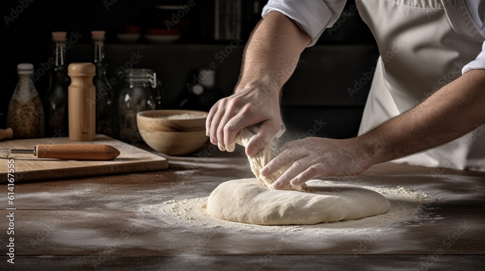 Fototapeta premium Rustic chef making pizza dough on dark background. Food preparation. Generative Ai