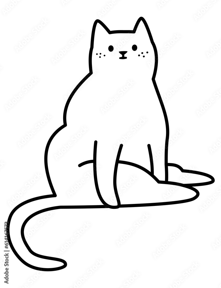 Obraz premium Vector linear black and white illustration. Cute fat cat sitting funny