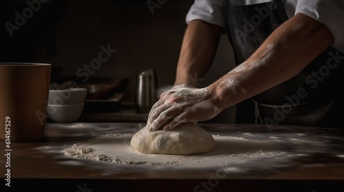 Rustic chef making pizza dough on dark background. Food preparation. Generative Ai