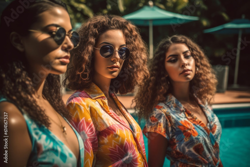 Latina and caucasian millennials wearing trendy and fashionable swimwear while lounging poolside. Showcase the different styles and colors of the swimwear. Generative Ai © bluebeat76