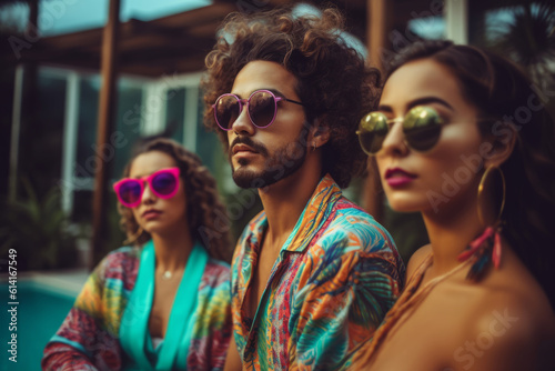 Latina and caucasian millennials wearing trendy and fashionable swimwear while lounging poolside. Showcase the different styles and colors of the swimwear. Generative Ai
