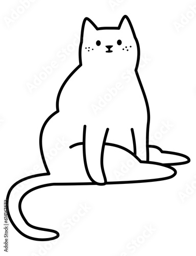 Vector linear black and white illustration. Cute fat cat sitting funny