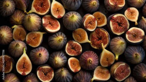 Close up figs full frame fresh fruit background. Organic figs. Figs top down view seamless background. Healthy ripe sweet figs. Realistic 3D illustration. Generative AI